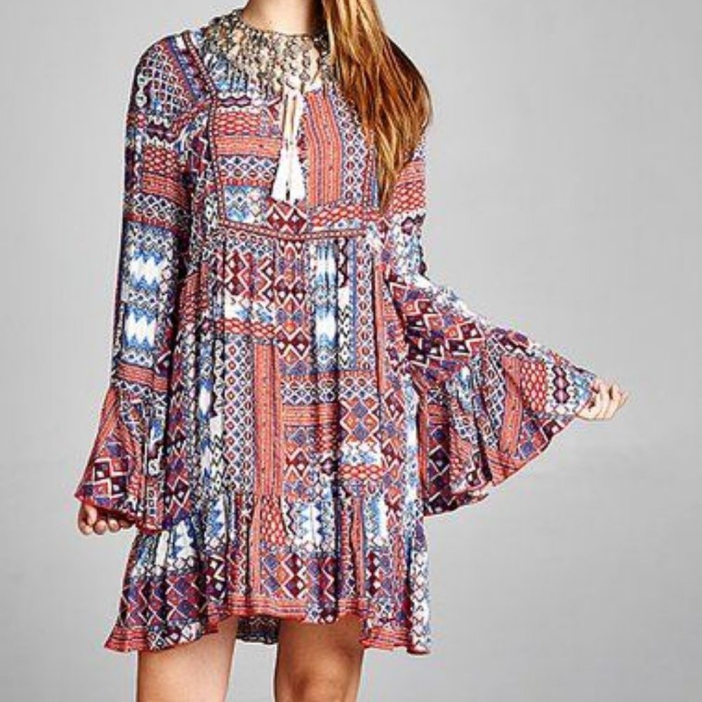 Blue & Red Patchwork Bell-Sleeve Dress